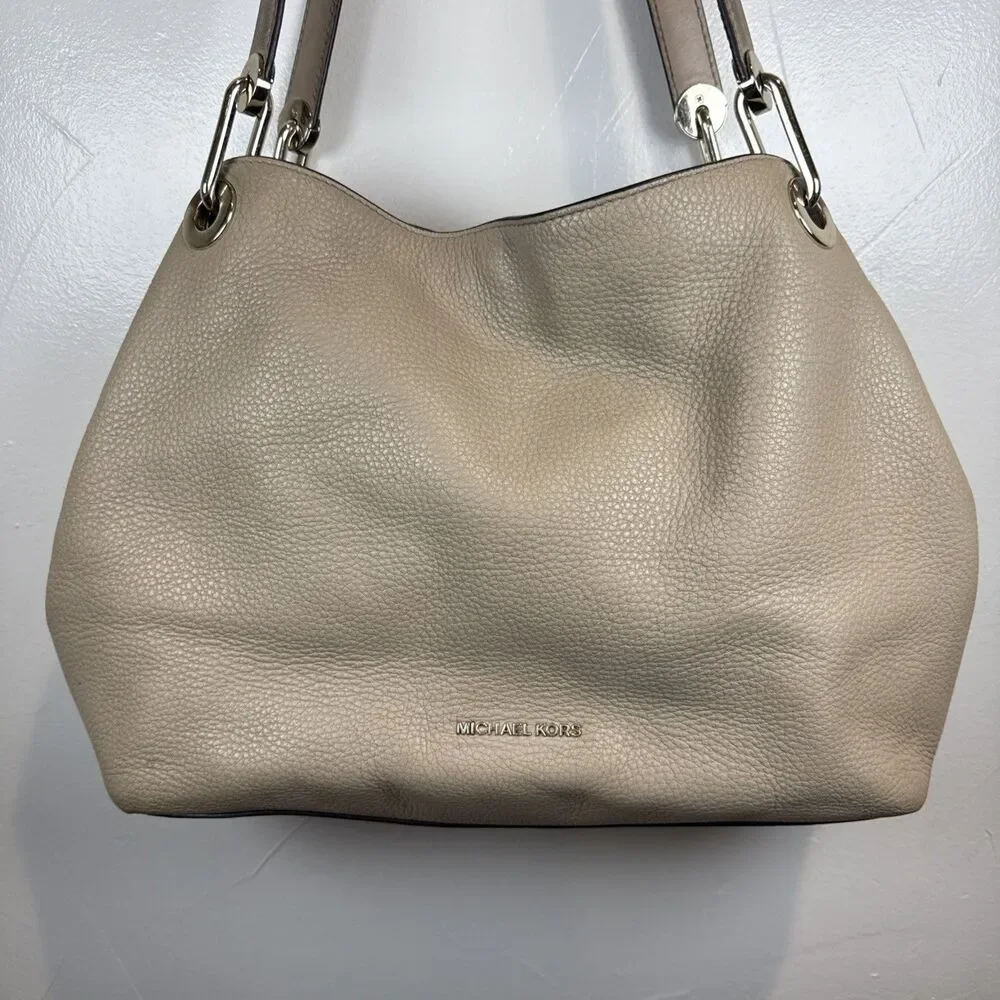 Michael Kors Raven Large Pebbled Leather Shoulder Tote Bag Purse Beige